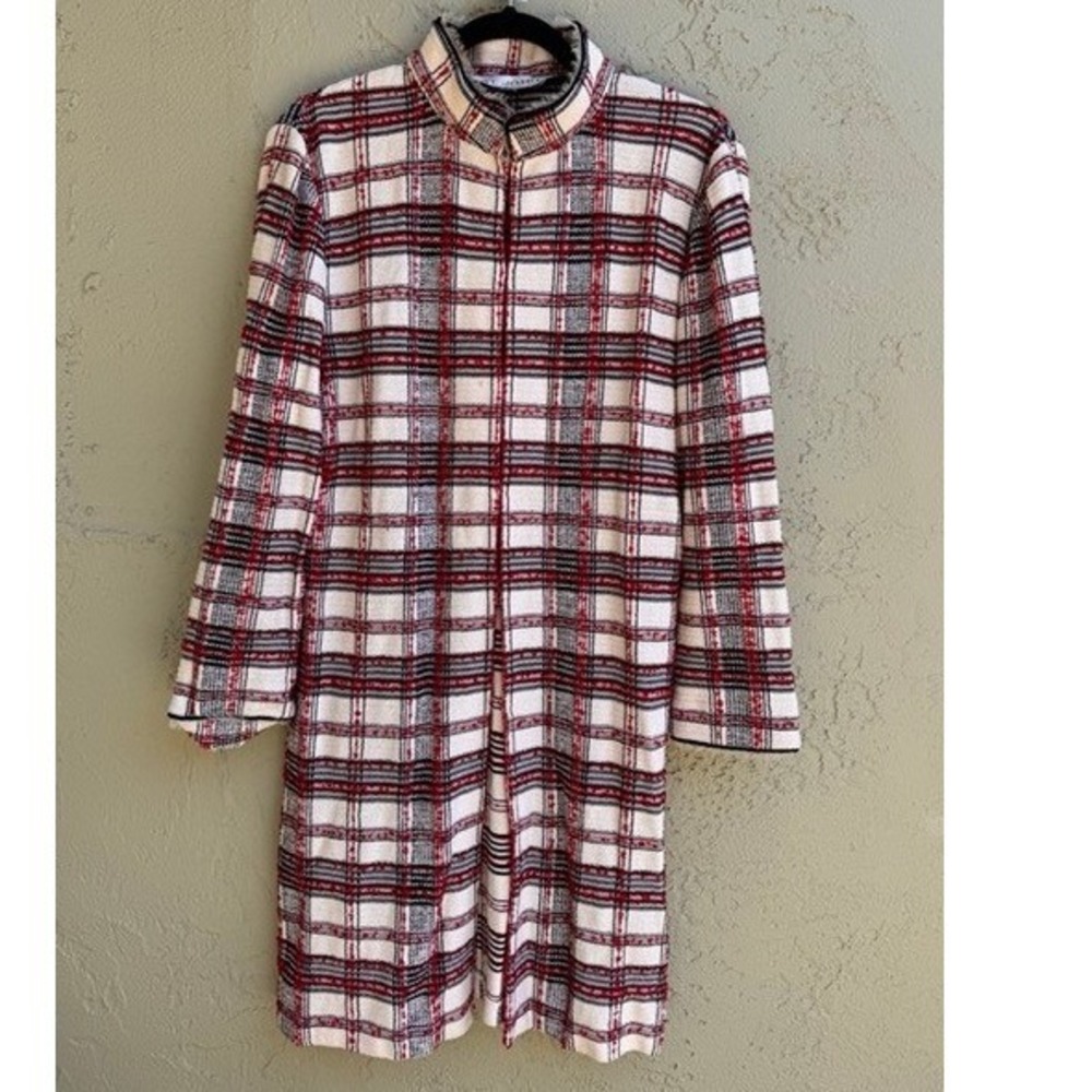 ST JOHN Collection Red Black Cream Plaid Jacket Duster Coat SZ 2 Career Luxury